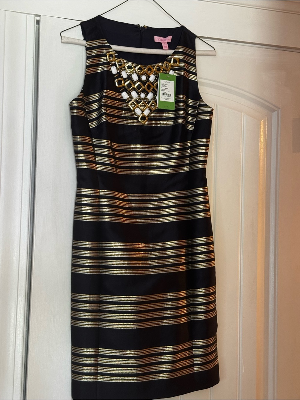 Lilly Pulitzer Black Dress with Gold Metallic Stripes and Embellished Neckline